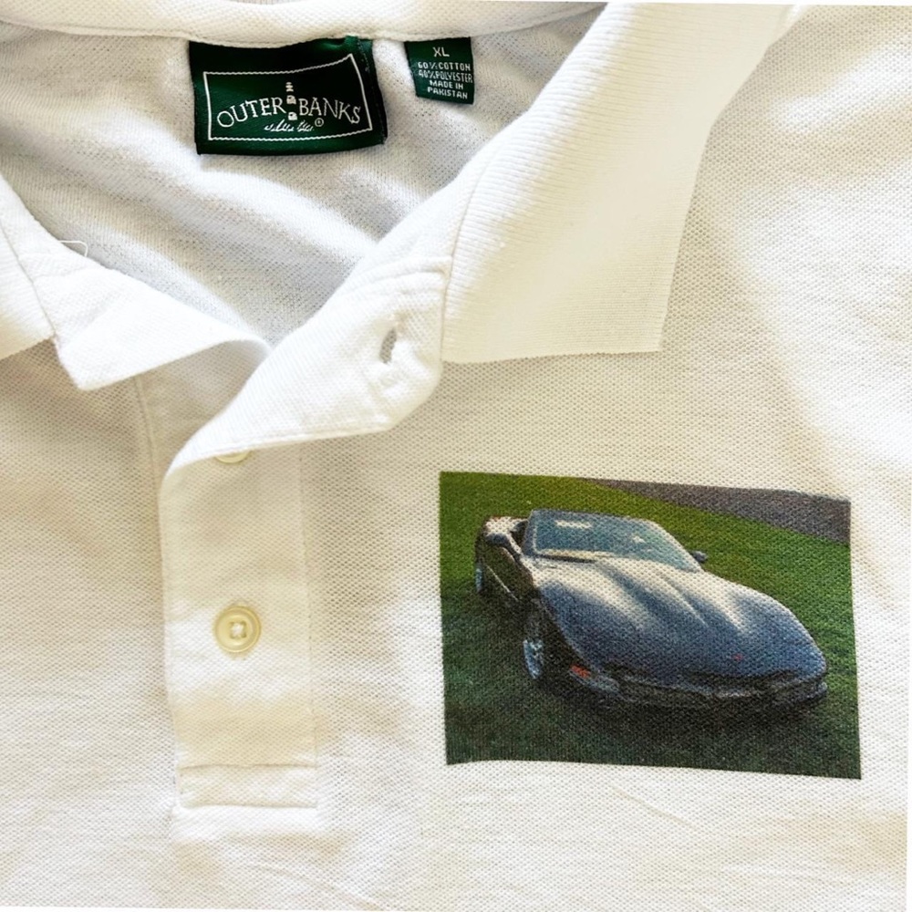 Vintage 90s DIY Corvette graphic print Outer Banks polo shirt.